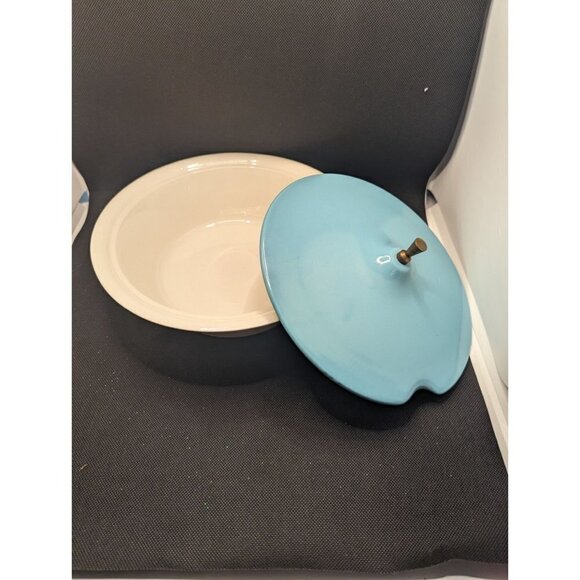 Vintage MCM bowl with lid serving soup teal blue lid 9.25 inch bowl - Picture 3 of 9